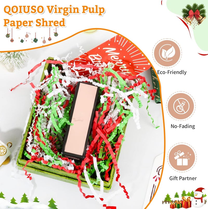 QOIUSO 8oz Christmas Crinkle Paper Filler — 1/2LB Red, Green & White Shredded Raffia/Crinkle Cut Paper for Gift Baskets, Boxes, Bags & Holiday Packaging — Fluffable Reusable Basket & Box Filler - Image 3